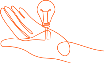 Line drawing of a hand with an open palm holding a light bulb