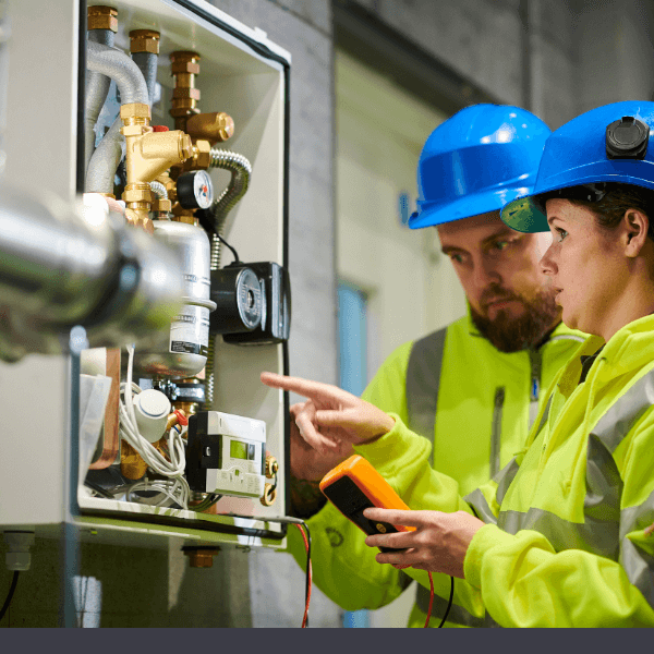 Two technicians in hard hats inspecting a boiler system